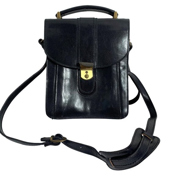 Vintage 80s Black Leather Top Handle Accordion Shoulder Bag Front Flap Clasp - Picture 1 of 11